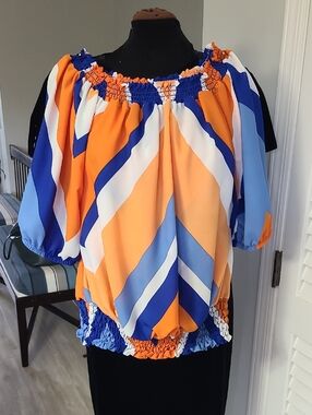 Stylish Off-Shoulder Puff Sleeve Top in Orange & Blue